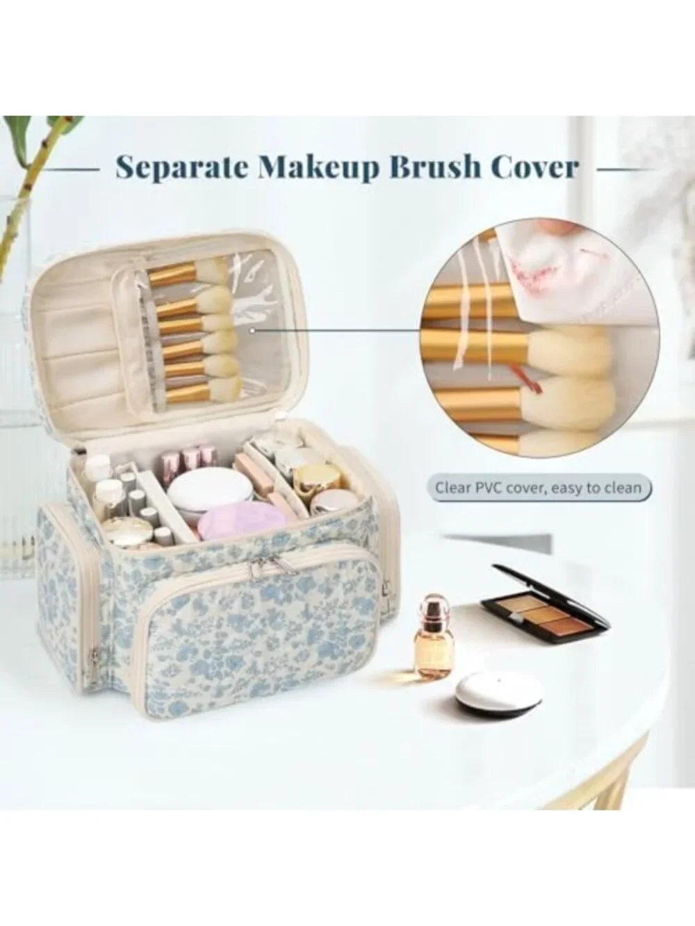 Large Floral Quilted Makeup Bag Organizer for Women - Stylish Travel Cosmetic